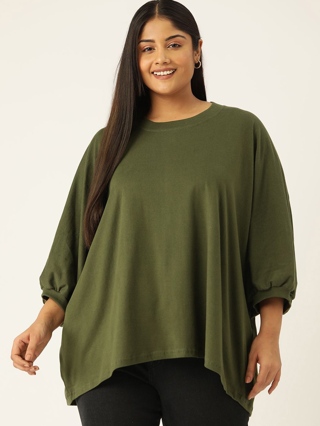 

theRebelinme Women Plus Size Puff Sleeve Cotton Longline Top, Olive