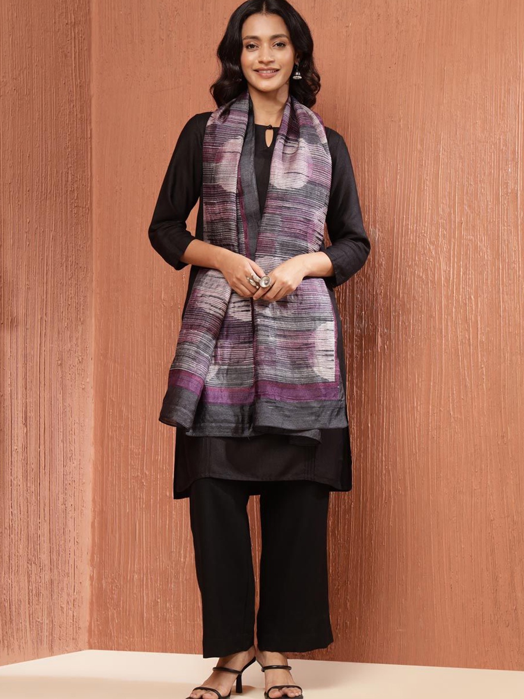 

Fabindia Women Woven Design Abstract Printed Stole, Black