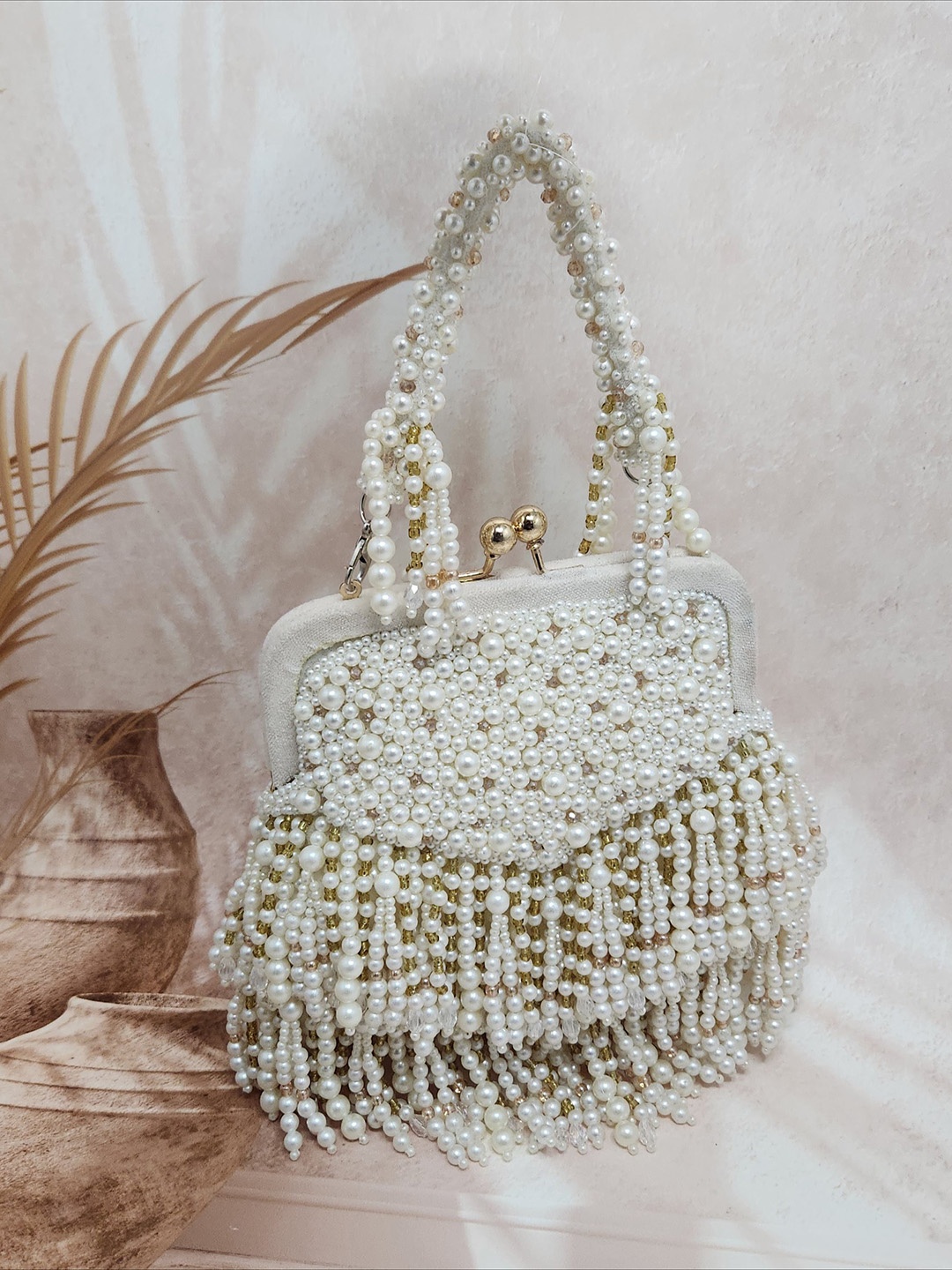 

Adwita Structured Handheld Bag with Fringed, White