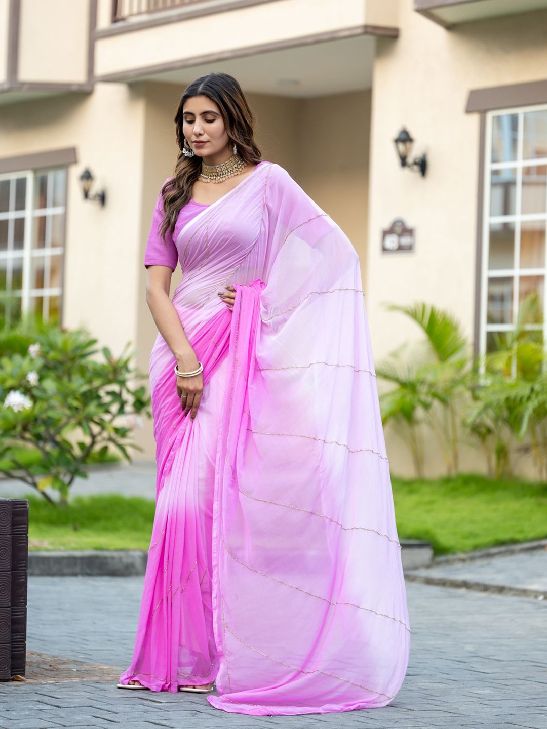 

BAPS Striped Embellished Pure Chiffon Saree, Pink