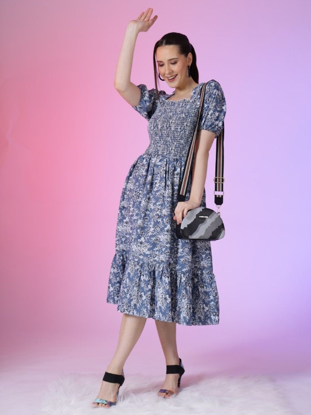 

Raiyani Enterprise Women Floral Printed Puff Sleeves Fit & Flare Dress, Blue