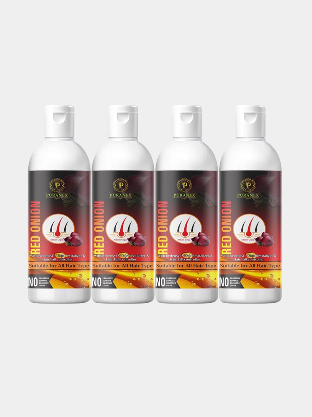 

Puranex Set Of 4 100% Cold Pressed Red Onion Hair Oils - 100 ml Each, Transparent