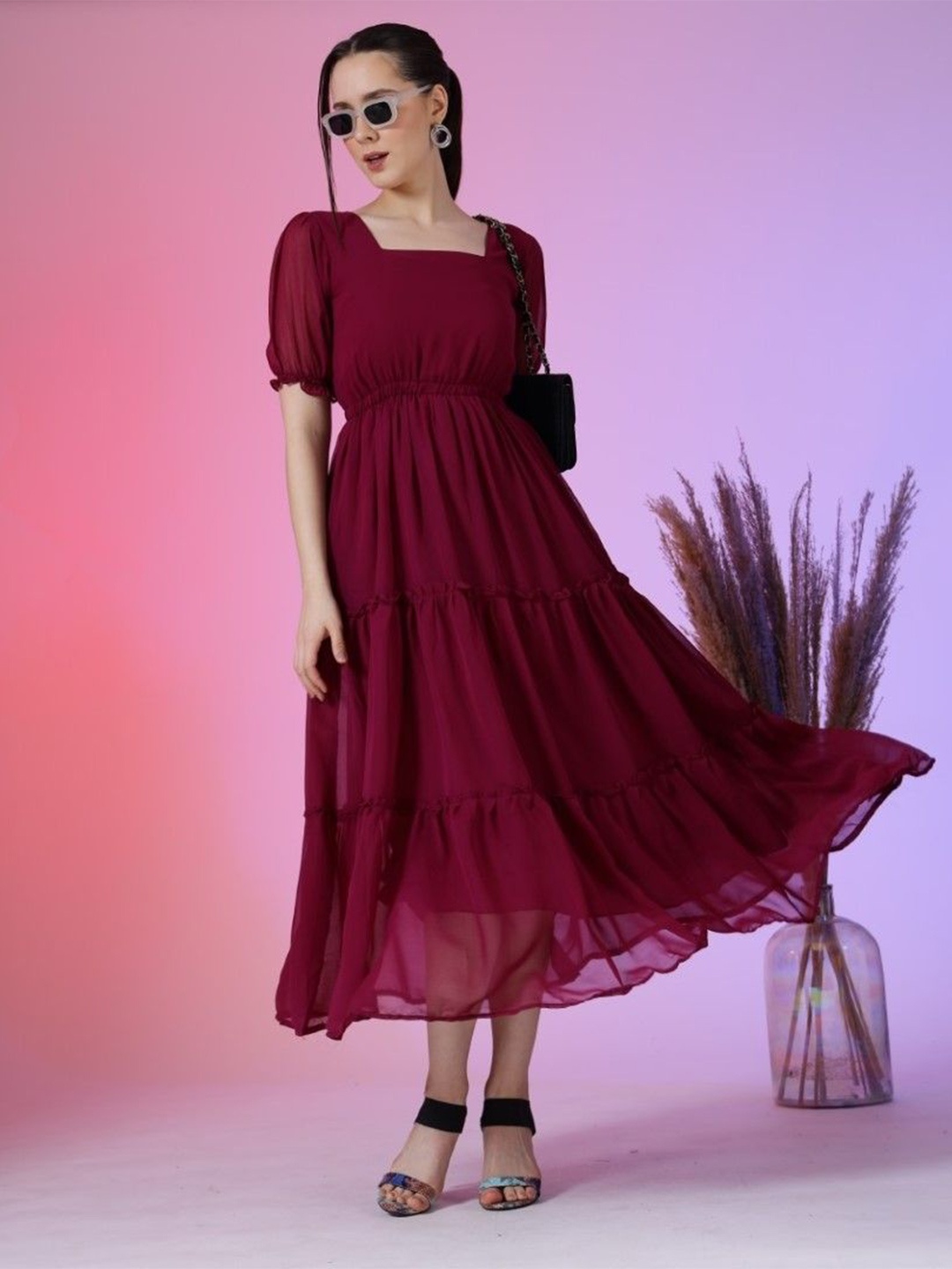 

Femvy Women Puff Sleeve Fit & Flare Maxi Dress, Magenta