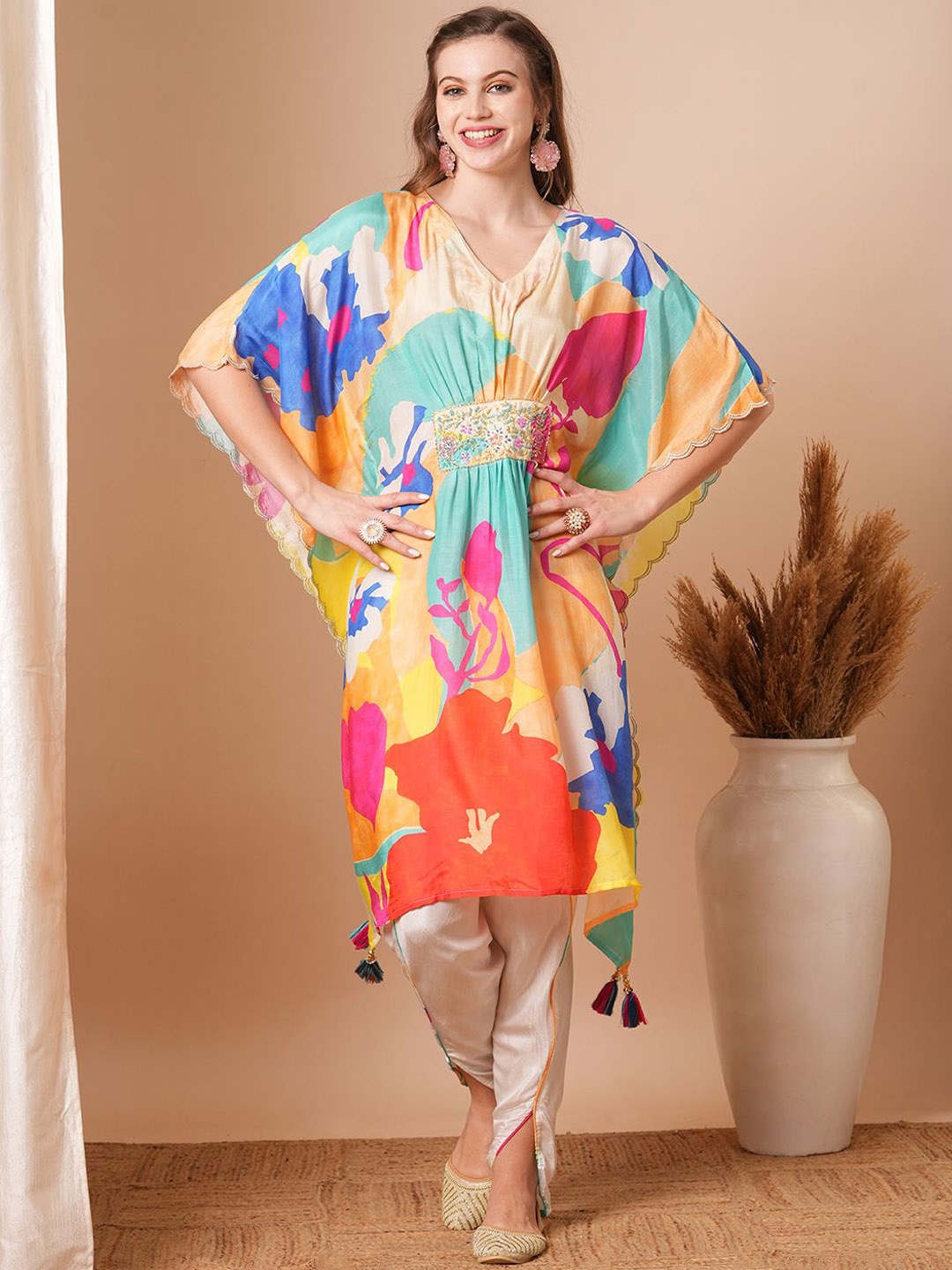 

FASHOR Women Printed Regular Beads and Stones Kurta with Dhoti Pants, Yellow