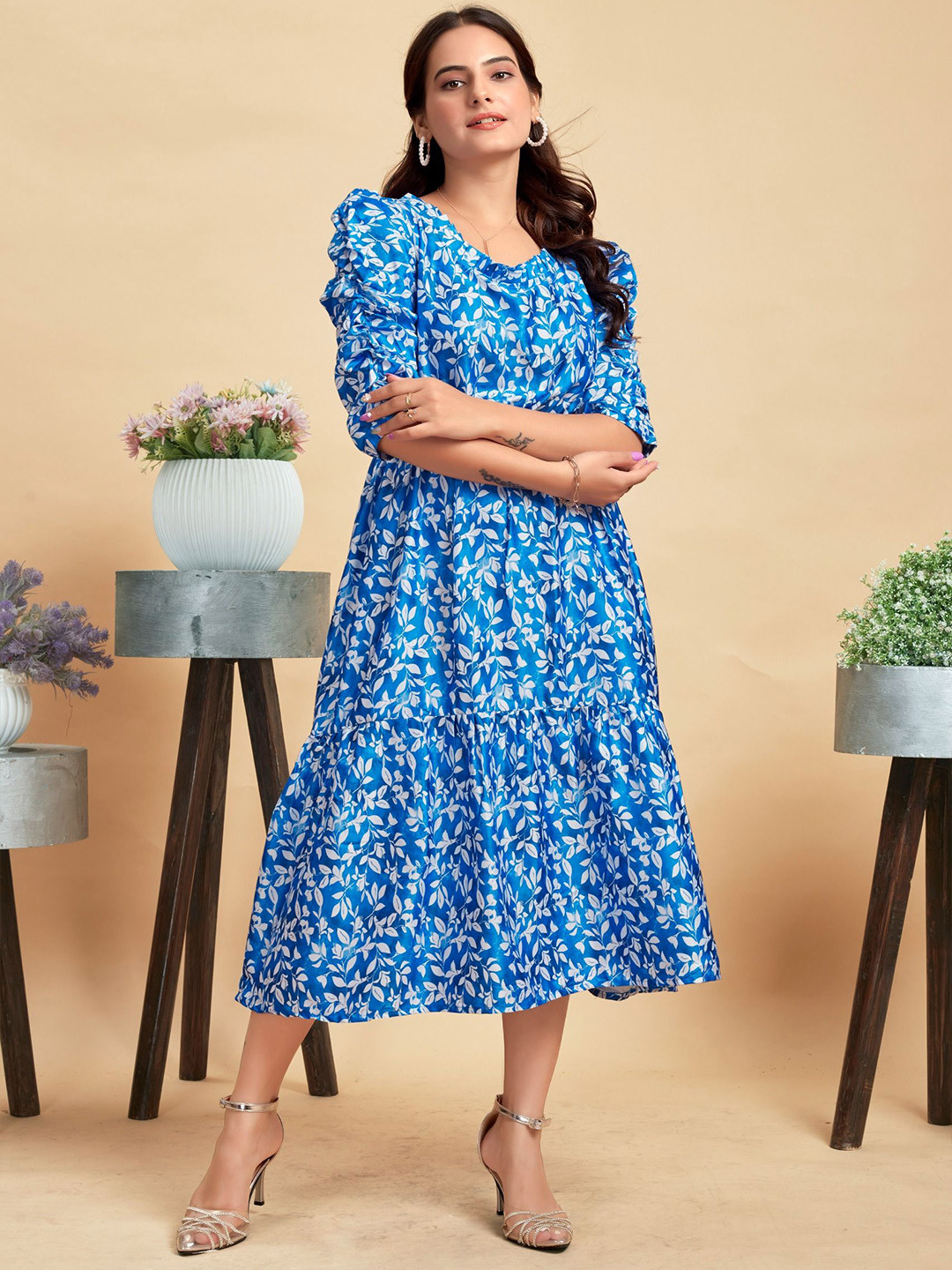 

Yell Women Floral Printed Puff Sleeve Fit & Flare Dress, Blue