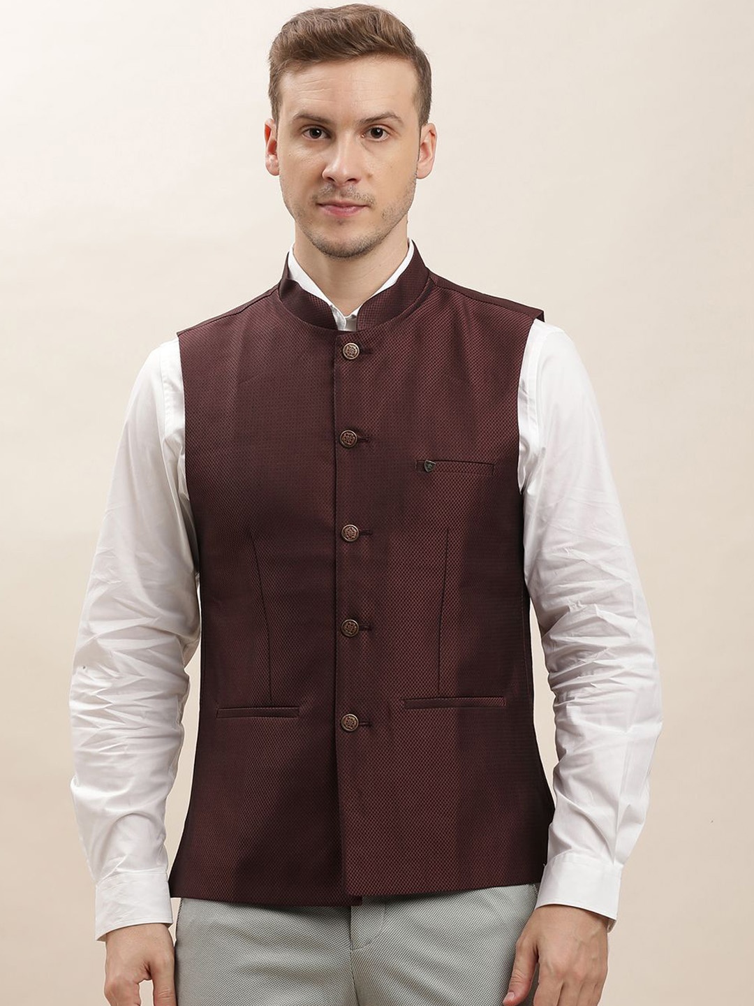 

Turtle Men Textured Pure Cotton Nehru Jacket, Brown