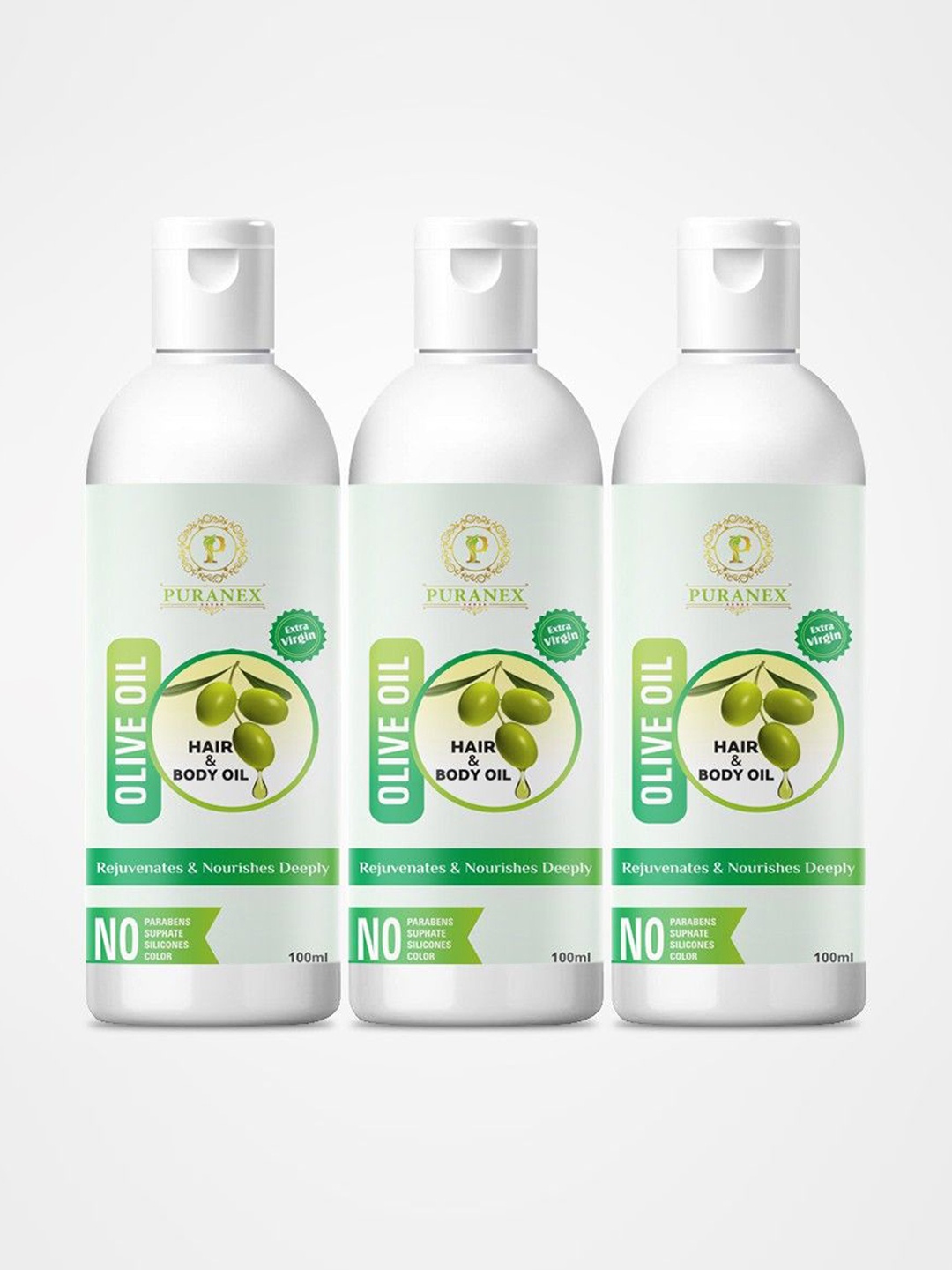 

Puranex Set of 3 Olive Hair & Body Oils - 100 ml Each, Transparent