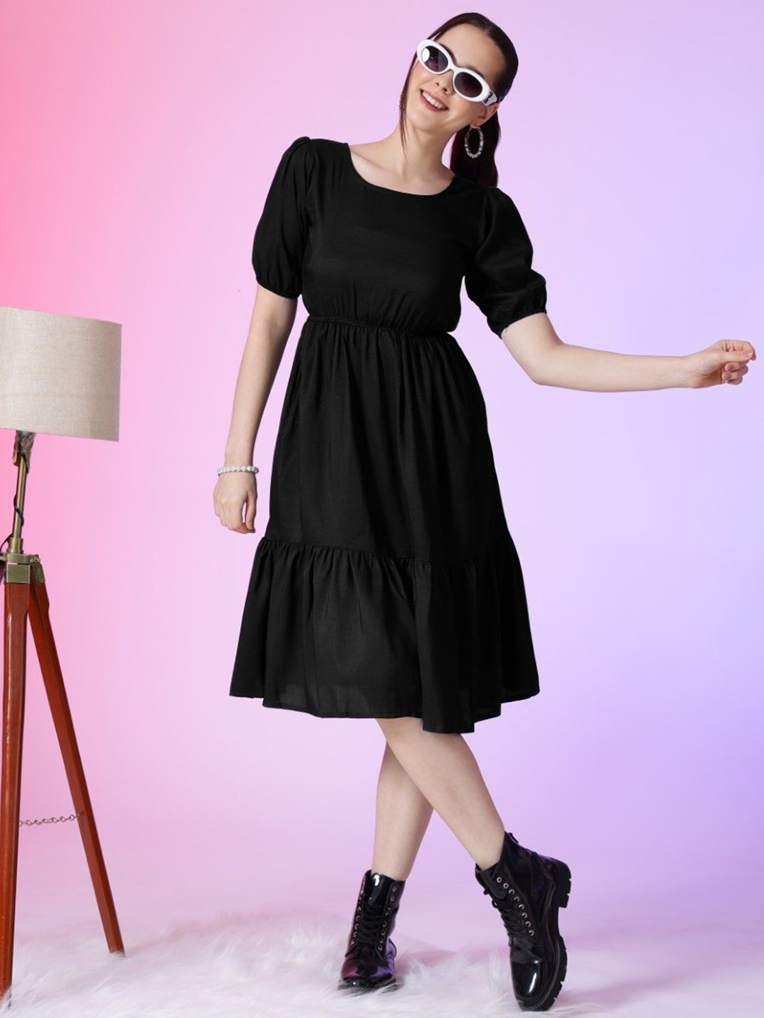 

Femvy Round Neck Fit & Flare Dress, Black