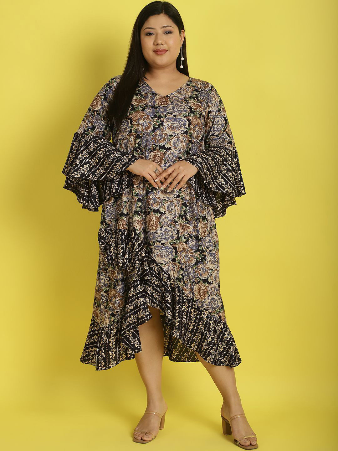 

theRebelinme Women Floral Printed Bell Sleeve Ruffled A-Line Midi Dress, Navy blue