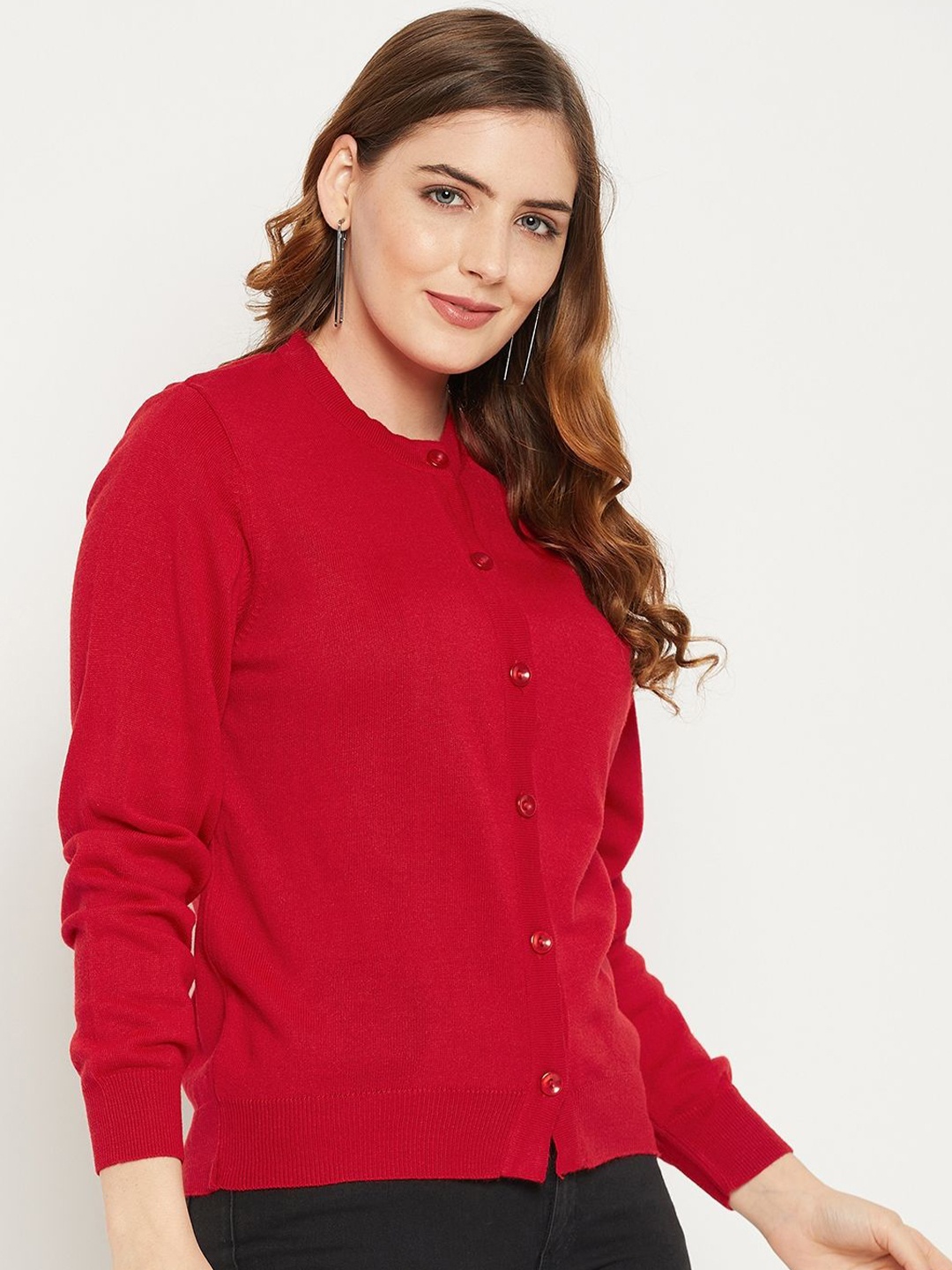

Zigo Women Woollen Round Neck Front-Open Sweater, Red