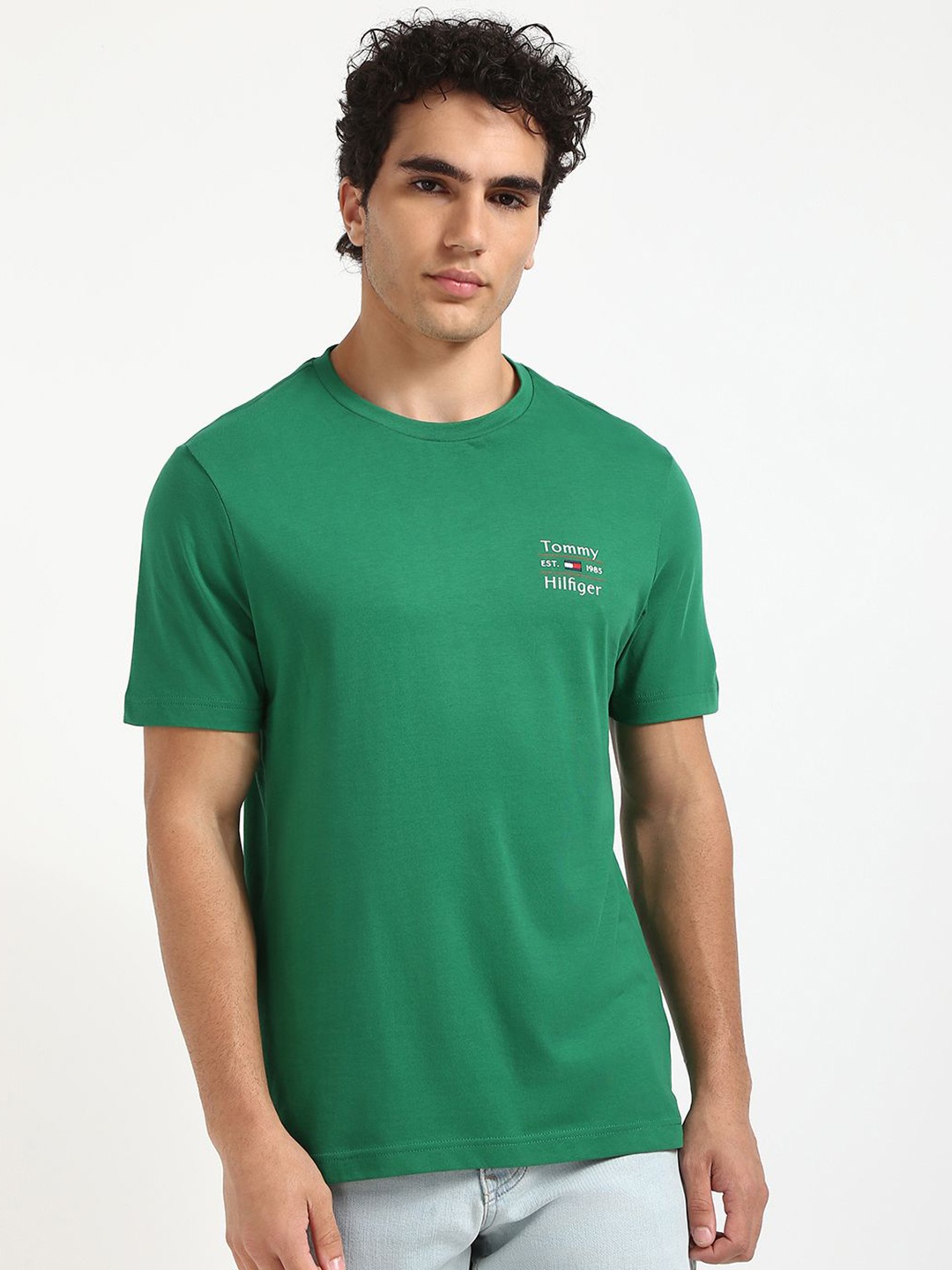 

Tommy Hilfiger Men Typography Printed Round Neck Cotton T-shirt, Green