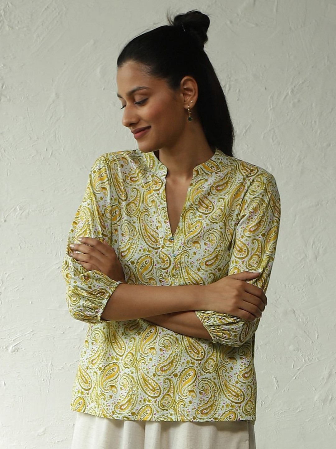 

Canoopi Paisley Floral Printed Cotton A-Line Top, Yellow