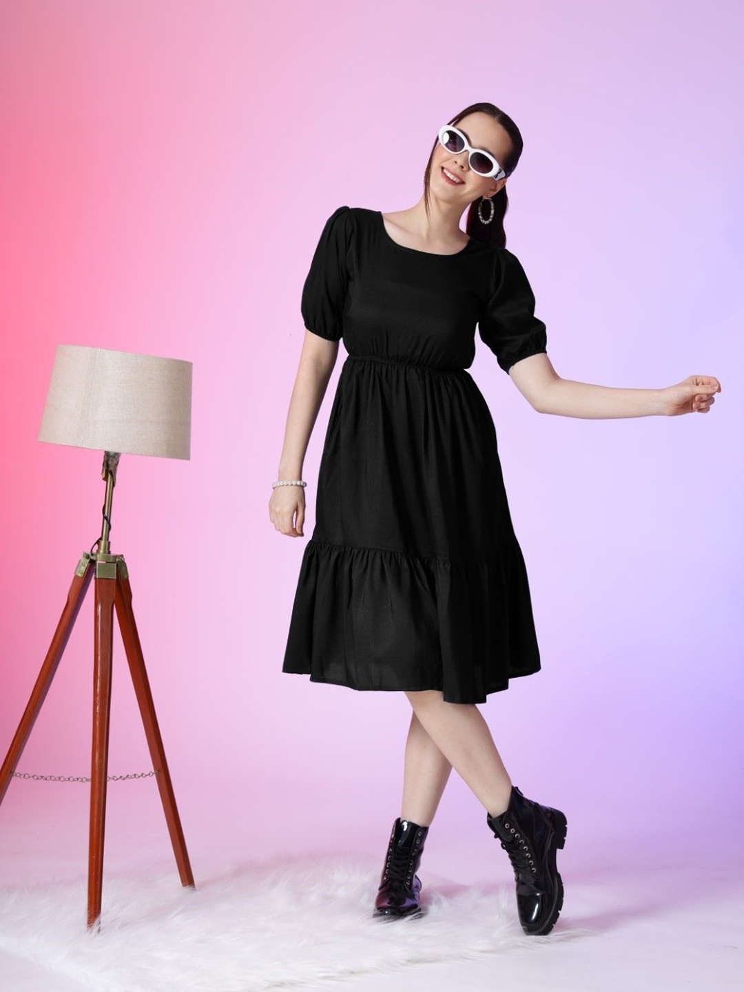 

Krunal Raiyani Women Fit & Flare Knee Length Tiered Dress, Black