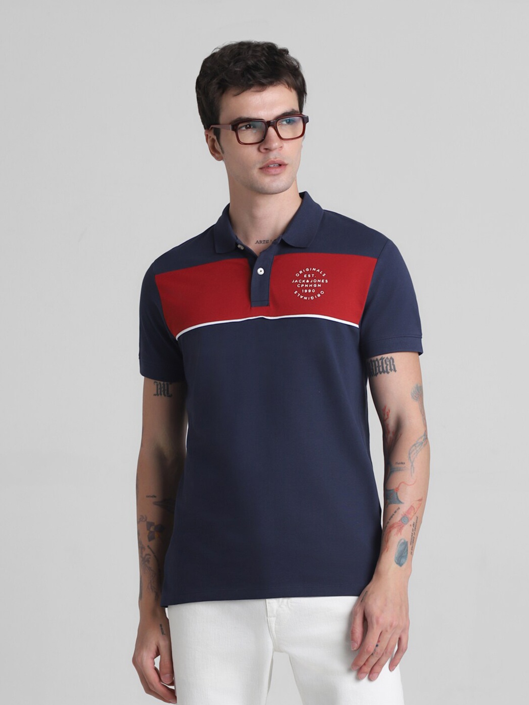 

Jack & Jones Colourblocked Cotton Polo Collar Short Sleeves Slim Fit Casual T-shirt, Navy blue