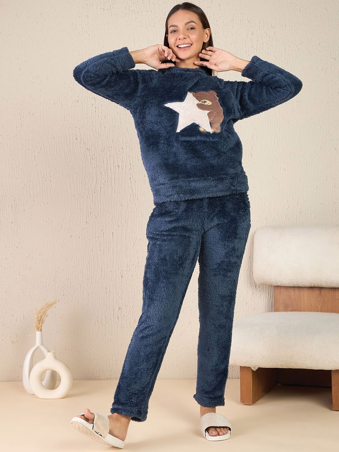 

Sweet Dreams Women Solid Slip-On Night suit, Navy blue