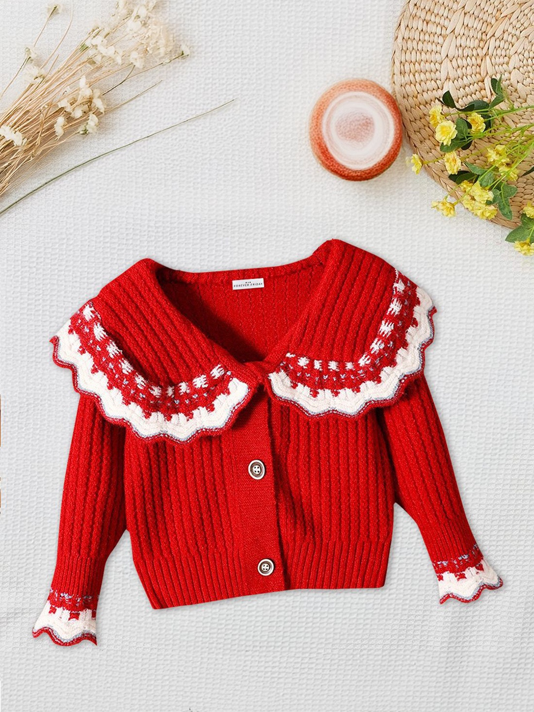 

FOREVER FRIDAY Girls Self Design Cardigan, Red