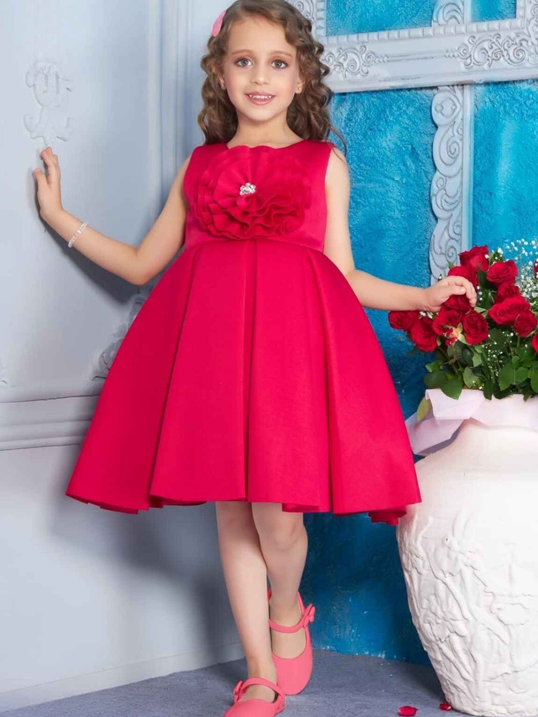 

Lagorii Girls Round Neck Fit & Flare Dress, Pink