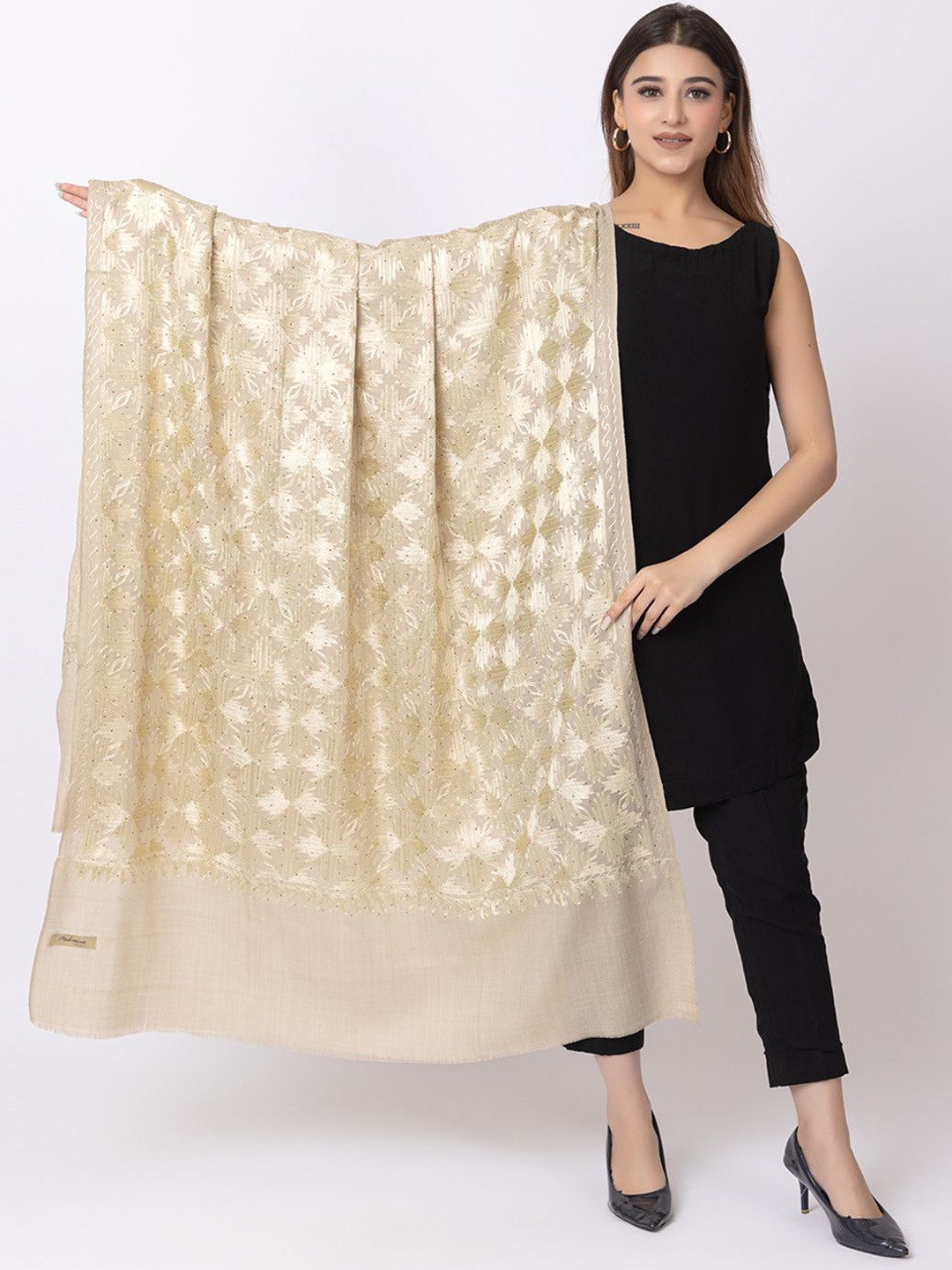 

PASHGIRI Women Printed Kashmiri Embroidered Woolen shawls, Camel brown