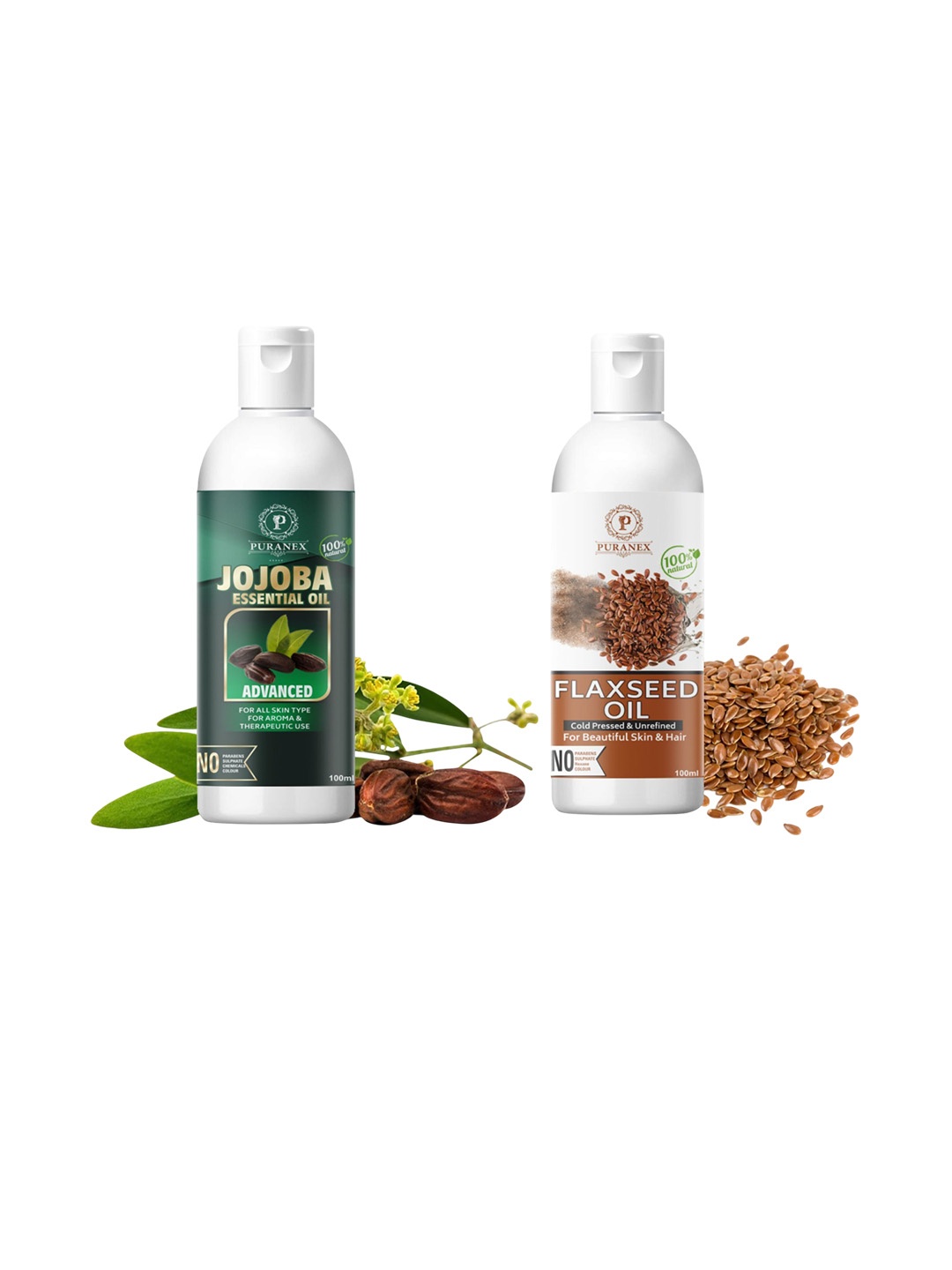 

Puranex Set Of 2 Flax Seed Oil & Jojoba Hair & Skin Oils - 100 ml Each, Transparent