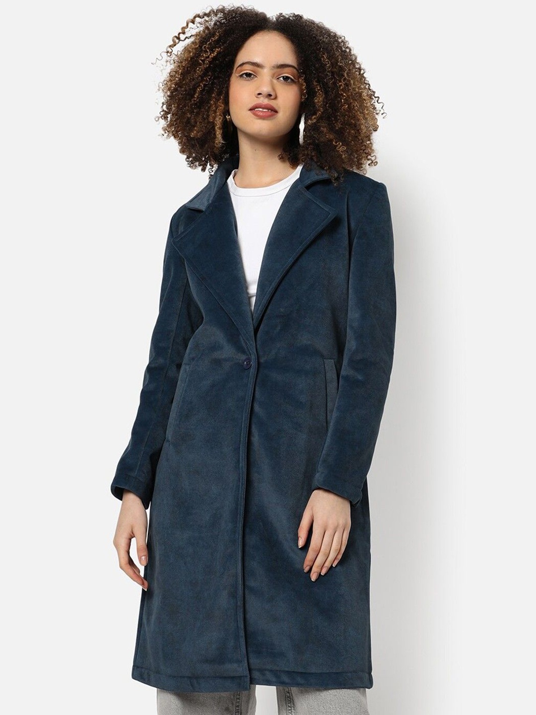 

Campus Sutra Women Single-Breasted Straight Longline Overcoat, Blue