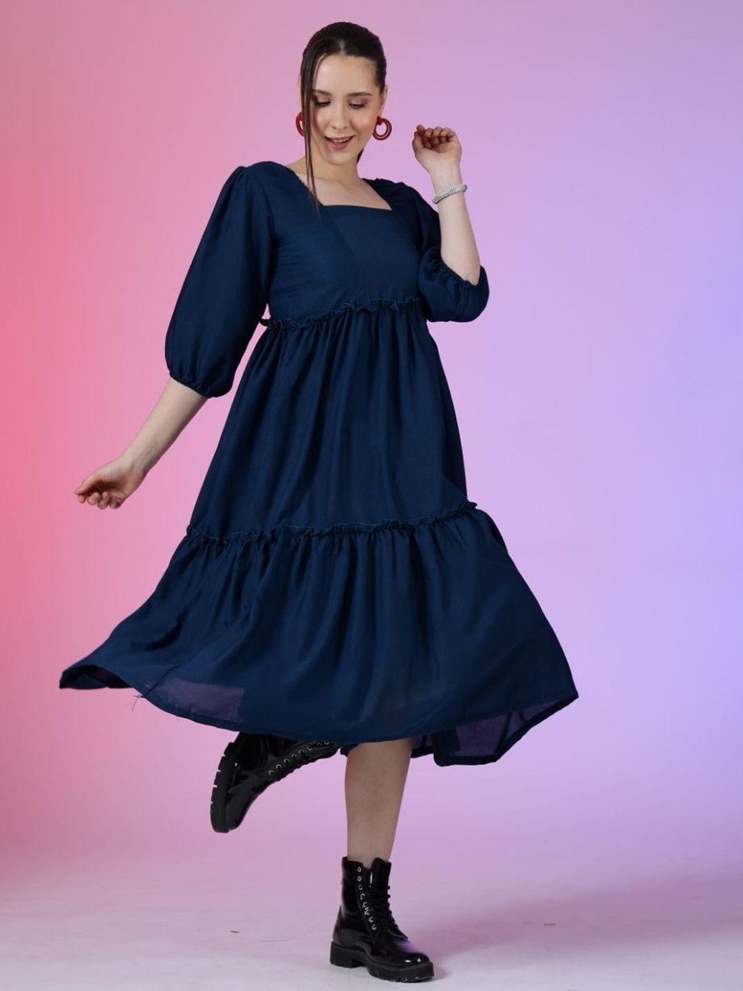 

Raiyani Enterprise Women Puff Sleeves Fit & Flare Midi Dress, Blue