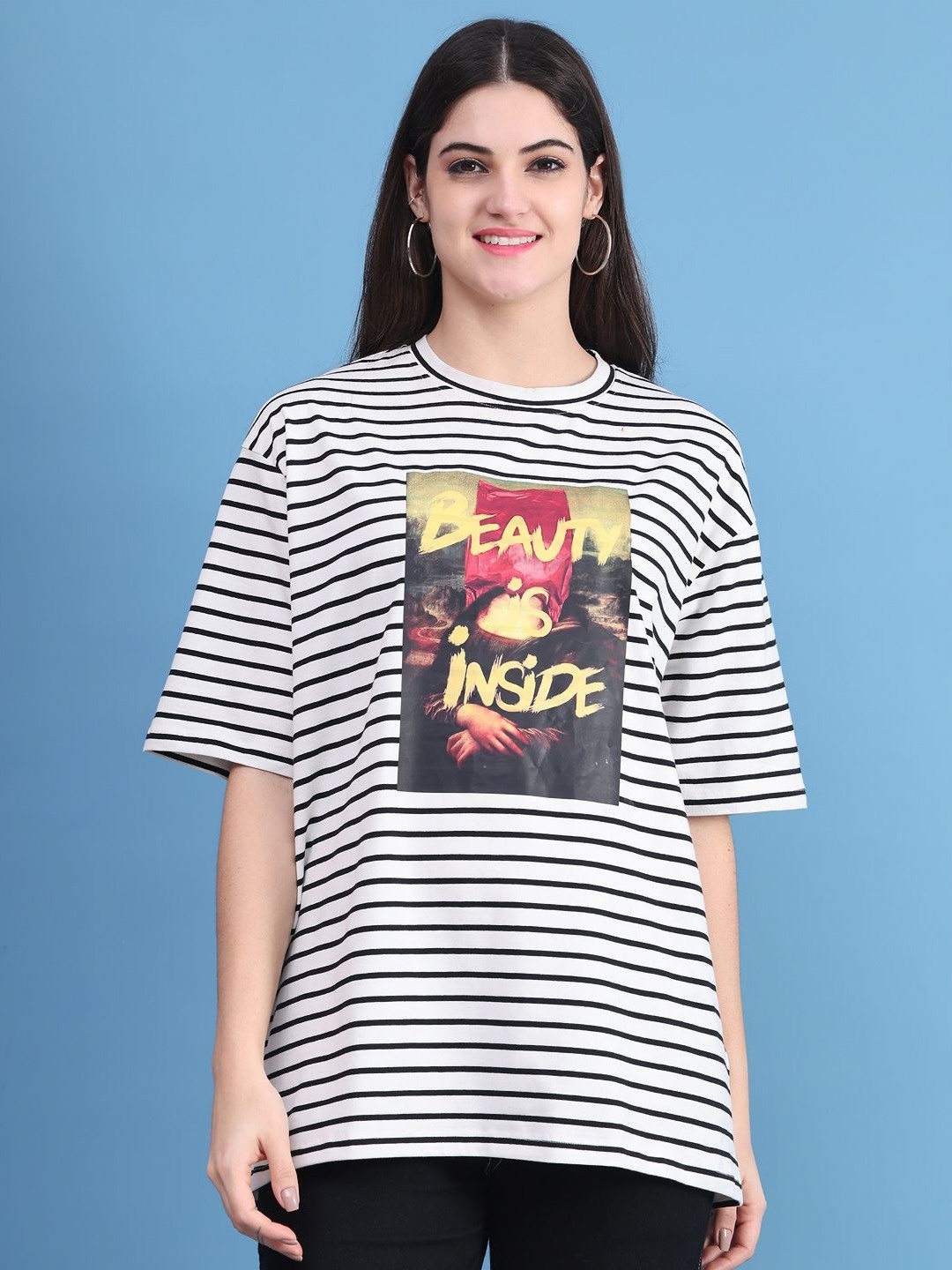 

DOOR74 Women Striped Drop-Shoulder Sleeves T-shirt, Multi