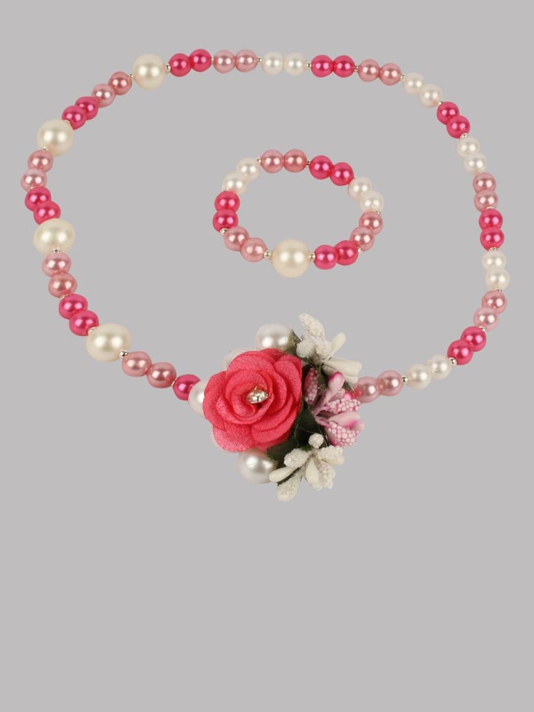 

Daizy Girls Floral Pearl Beaded Necklace With Bracelet Jewellery Set, Pink