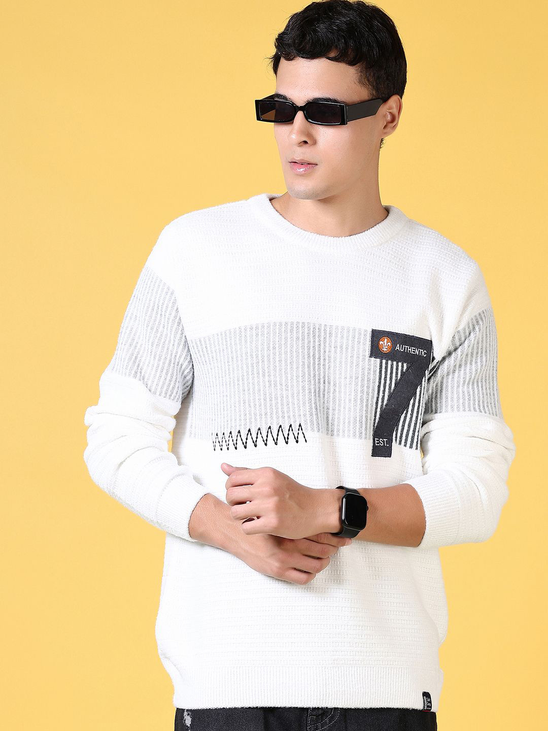 

V-Mart Men CottonPrinted Round Neck Long Sleeves Pullover, Off white
