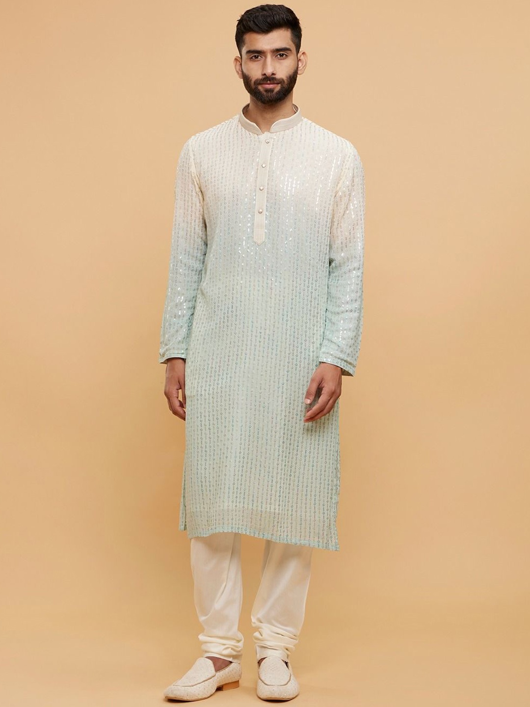 

Twamev Men Embroidered Regular Sequinned Kurta with Churidar, Blue