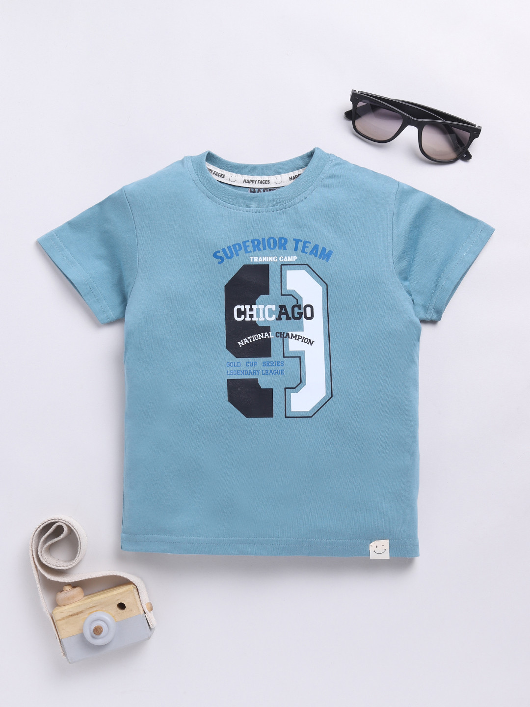 

Happy Faces Boys Pure Cotton Typography Printed T-shirt, Teal