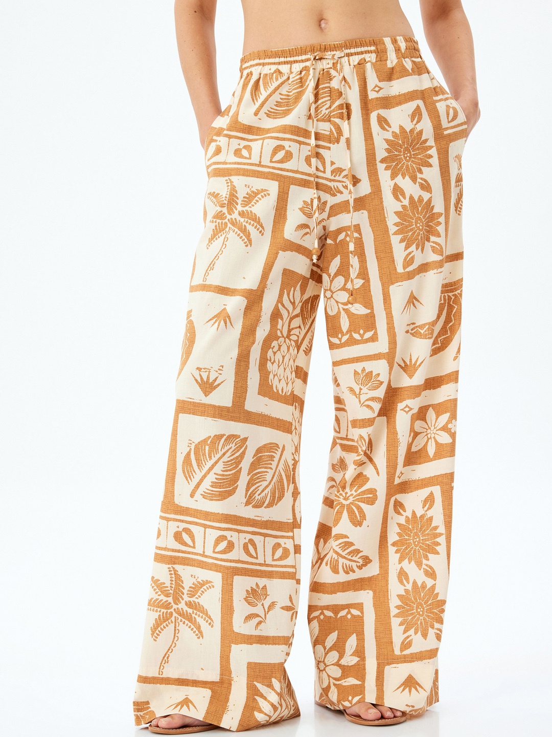 

Koton Women Ethnic Motifs Printed Mid-Rise Trousers, Orange
