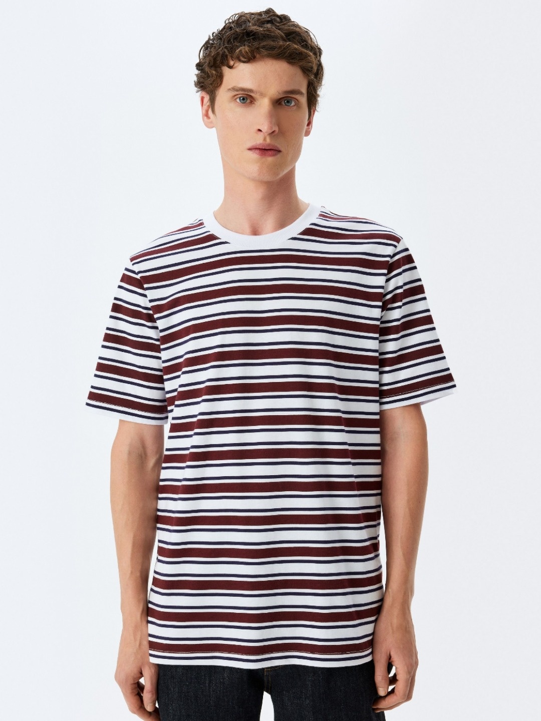 

Koton Men Striped Round Neck Cotton T-shirt, Maroon