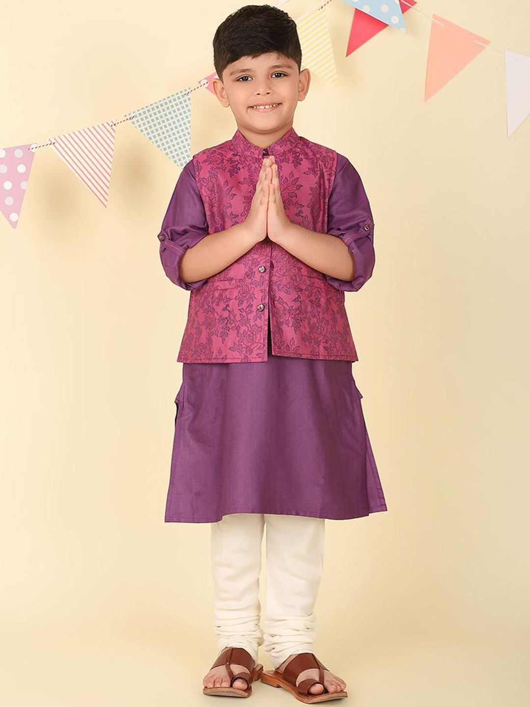 Fabindia Boys Floral Printed Patchwork Kurta, Purple