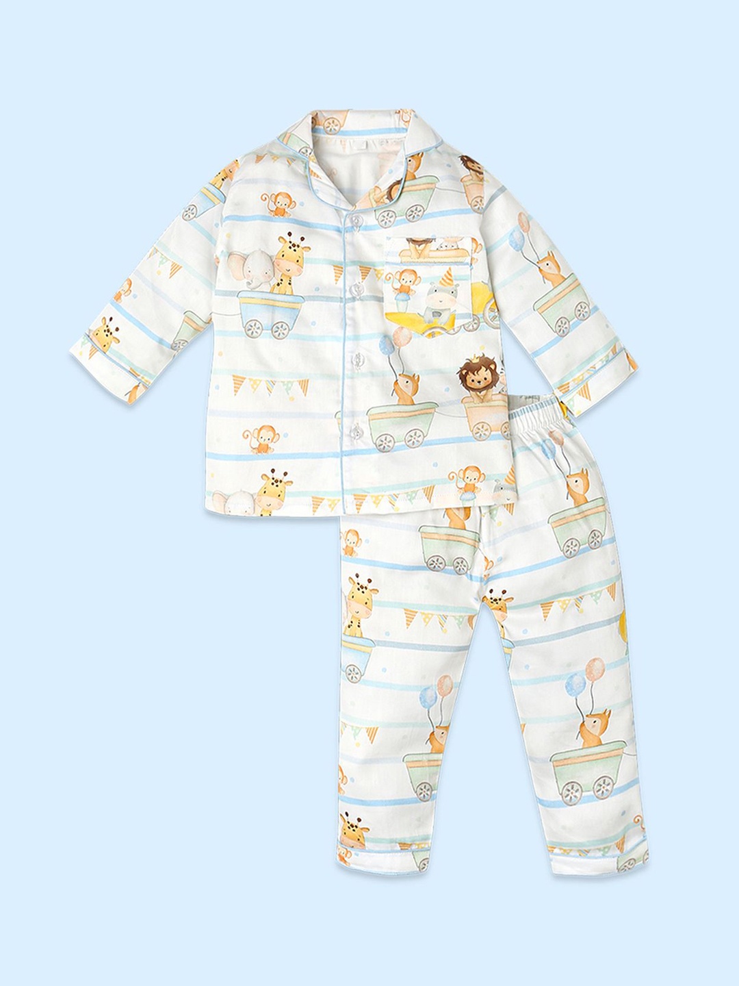 

Fancy Fluff Boys Organic Cotton Graphic Printed Night suit, Off white