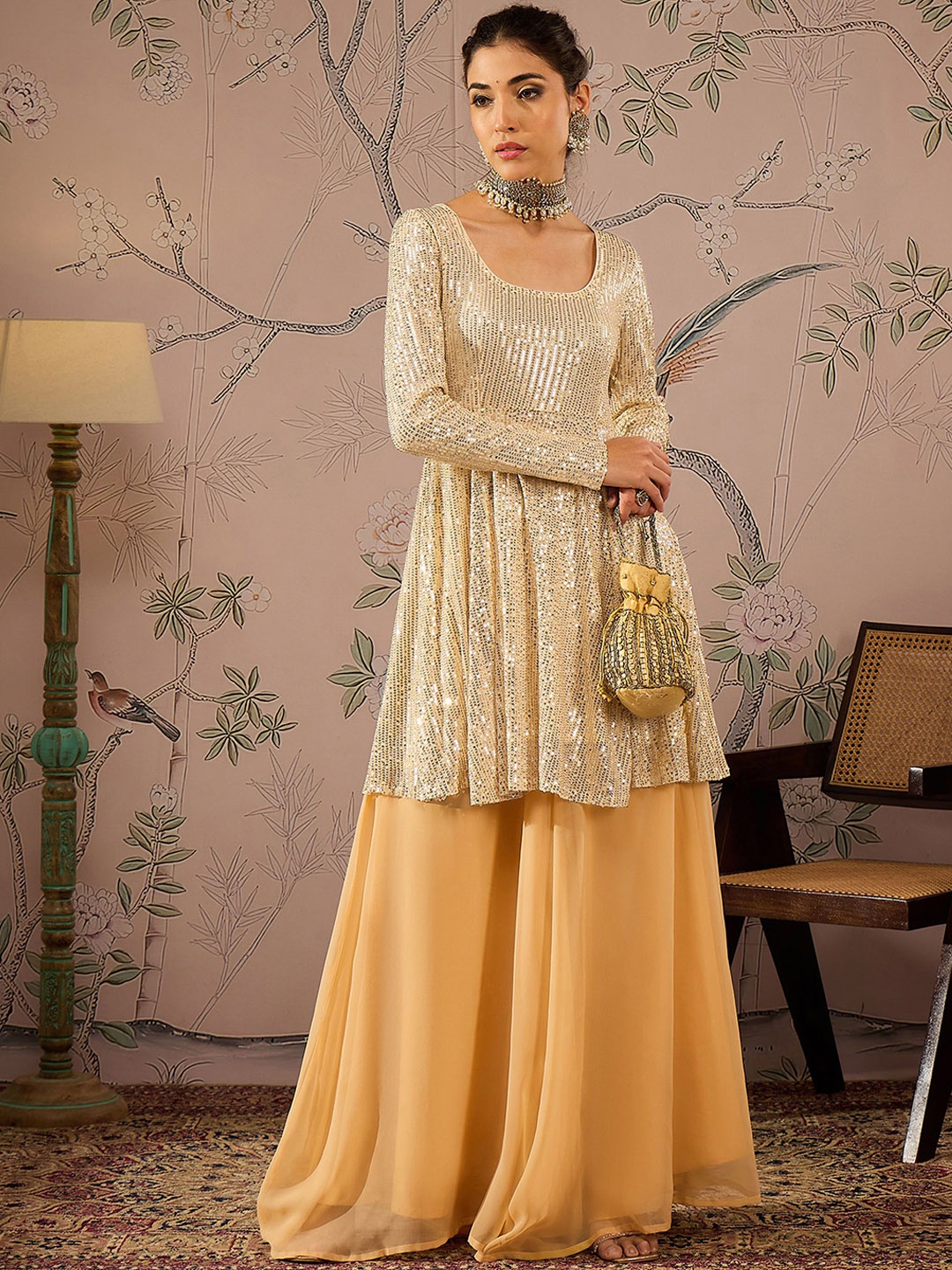

Shae by SASSAFRAS Women Embroidered Regular Sequinned Kurta with Palazzos, Gold