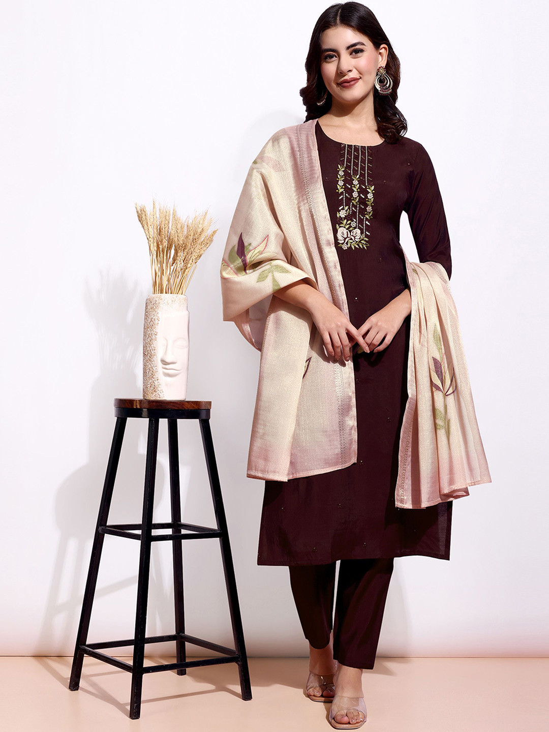 

GLORYANCE Women Embroidered Regular Sequinned Pure Silk Kurta with Trousers & With Dupatta, Magenta