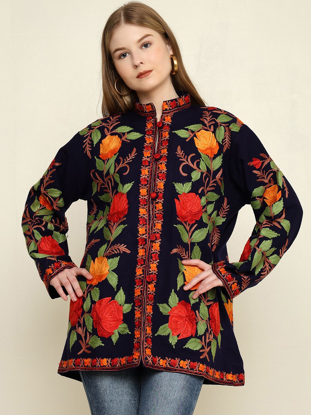 

CRAFTBAZAR Women Floral Acrylic Tailored Jacket with Embroidered, Blue