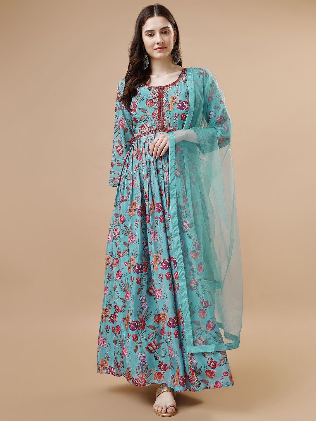 

VANAKARA Aliya Women Floral Printed Ethnic Dresses with a Dupatta, Teal