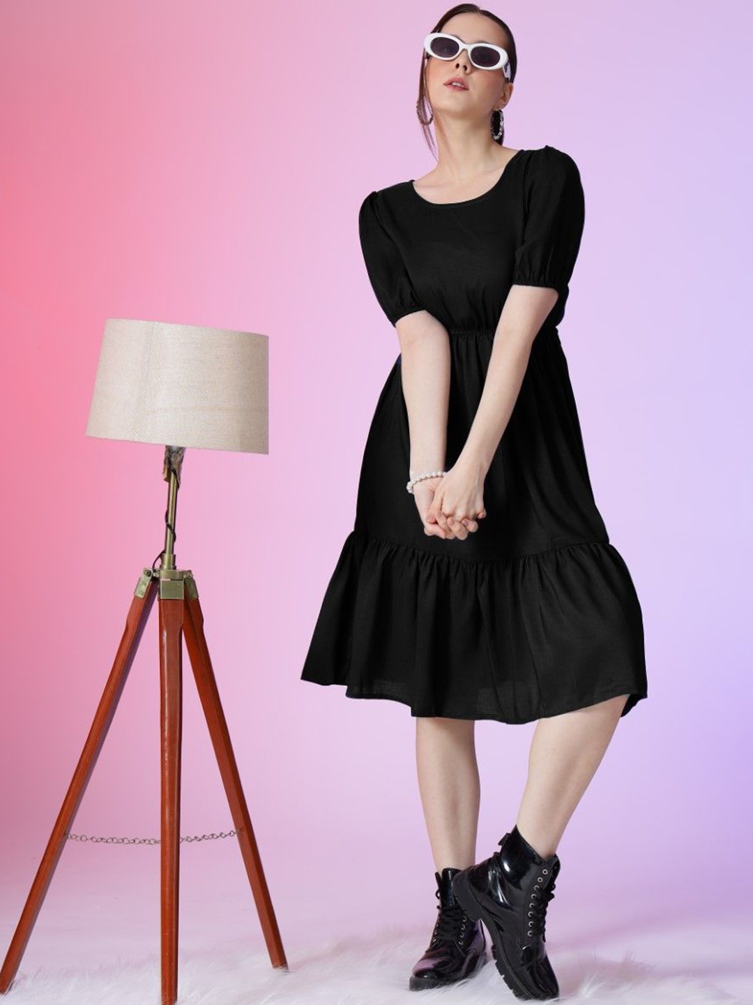 

Femvy Women Round Neck Fit & Flare Knee Length Dress, Black