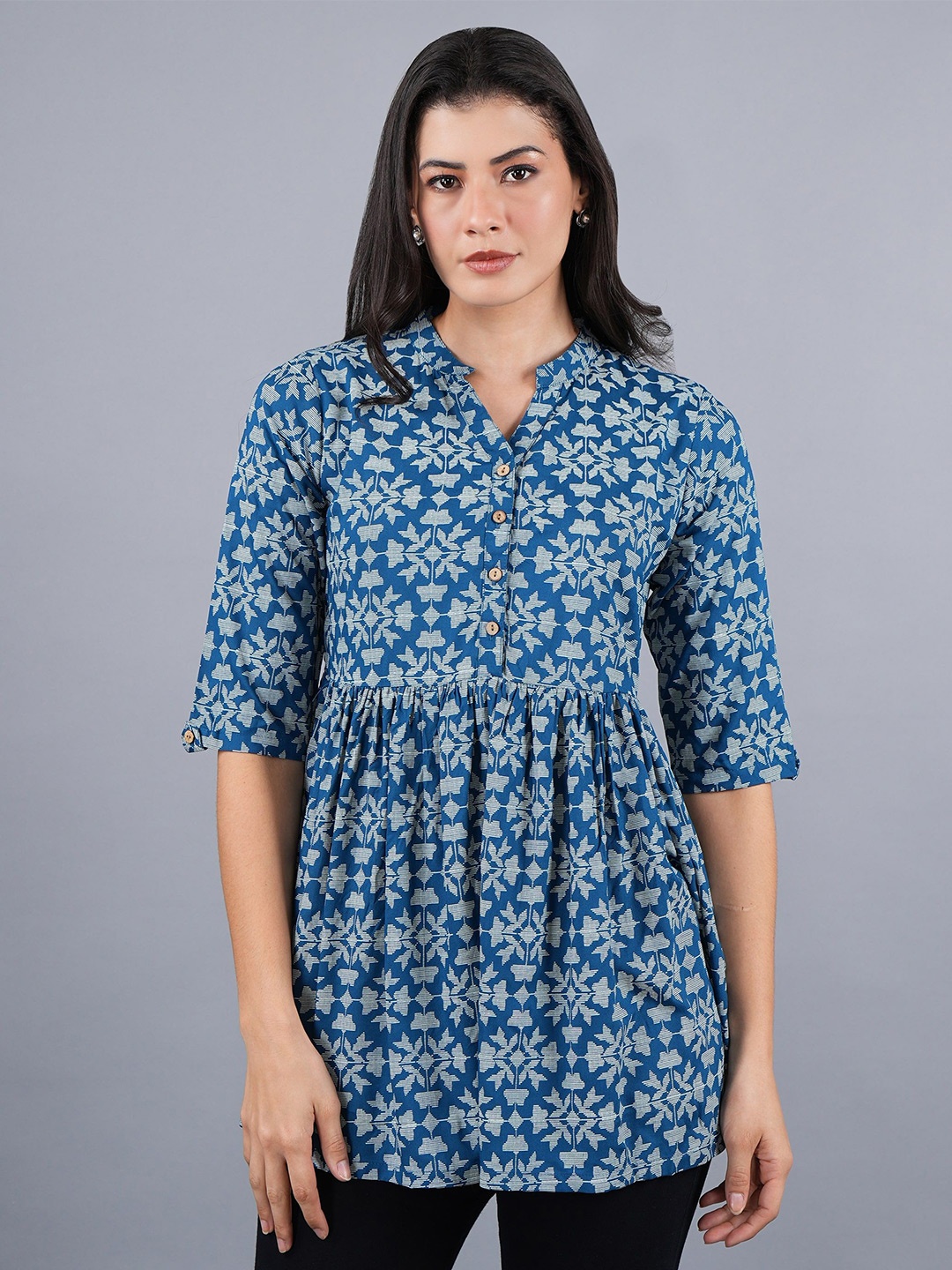 

Cot'N Soft Women Floral Mandarin Collar Woven Design Pure Cotton Daily Wear Kurti, Blue