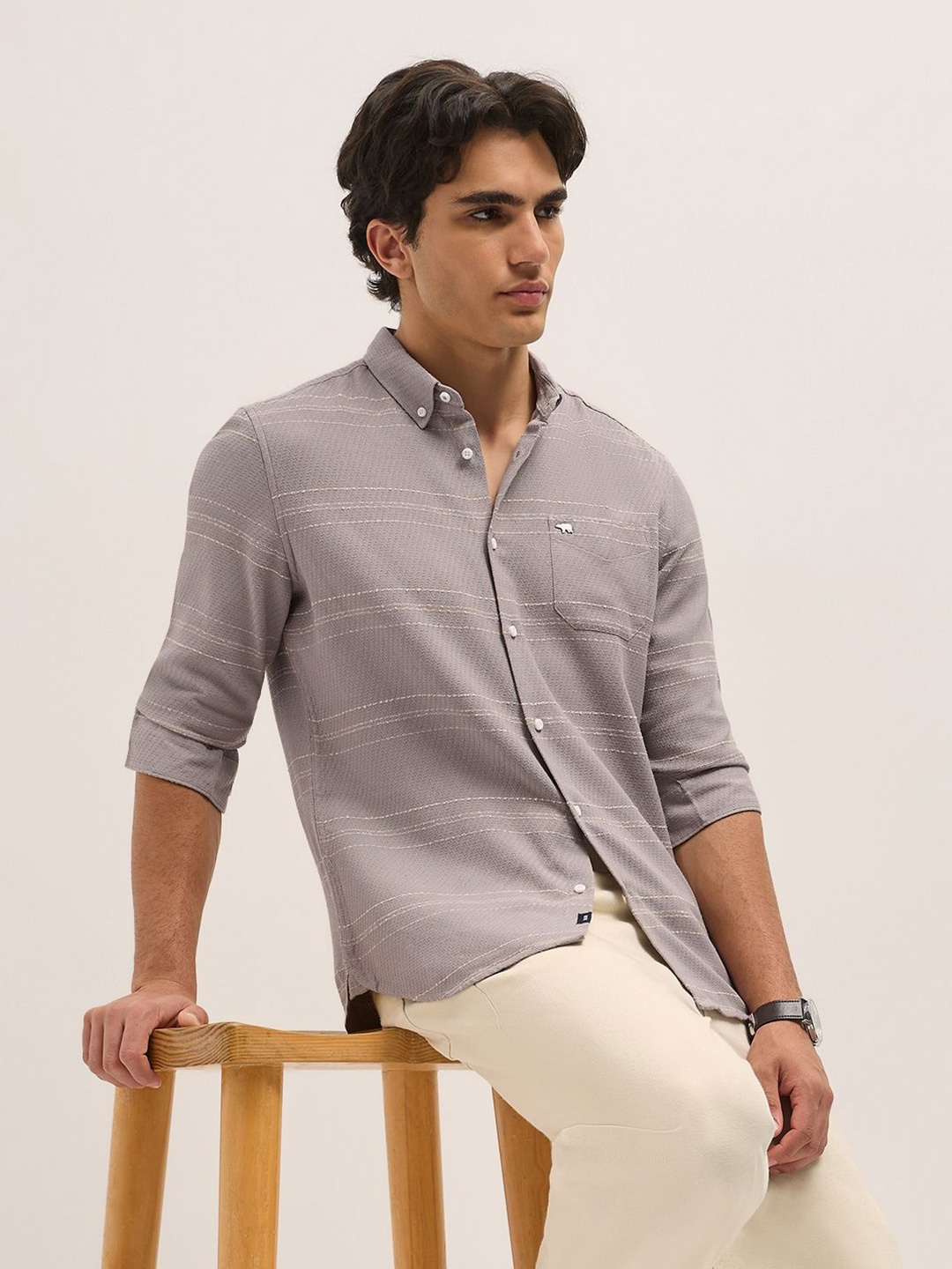 

THE BEAR HOUSE Men Slim Fit Horizontal Stripes Opaque Striped Casual Shirt, Grey