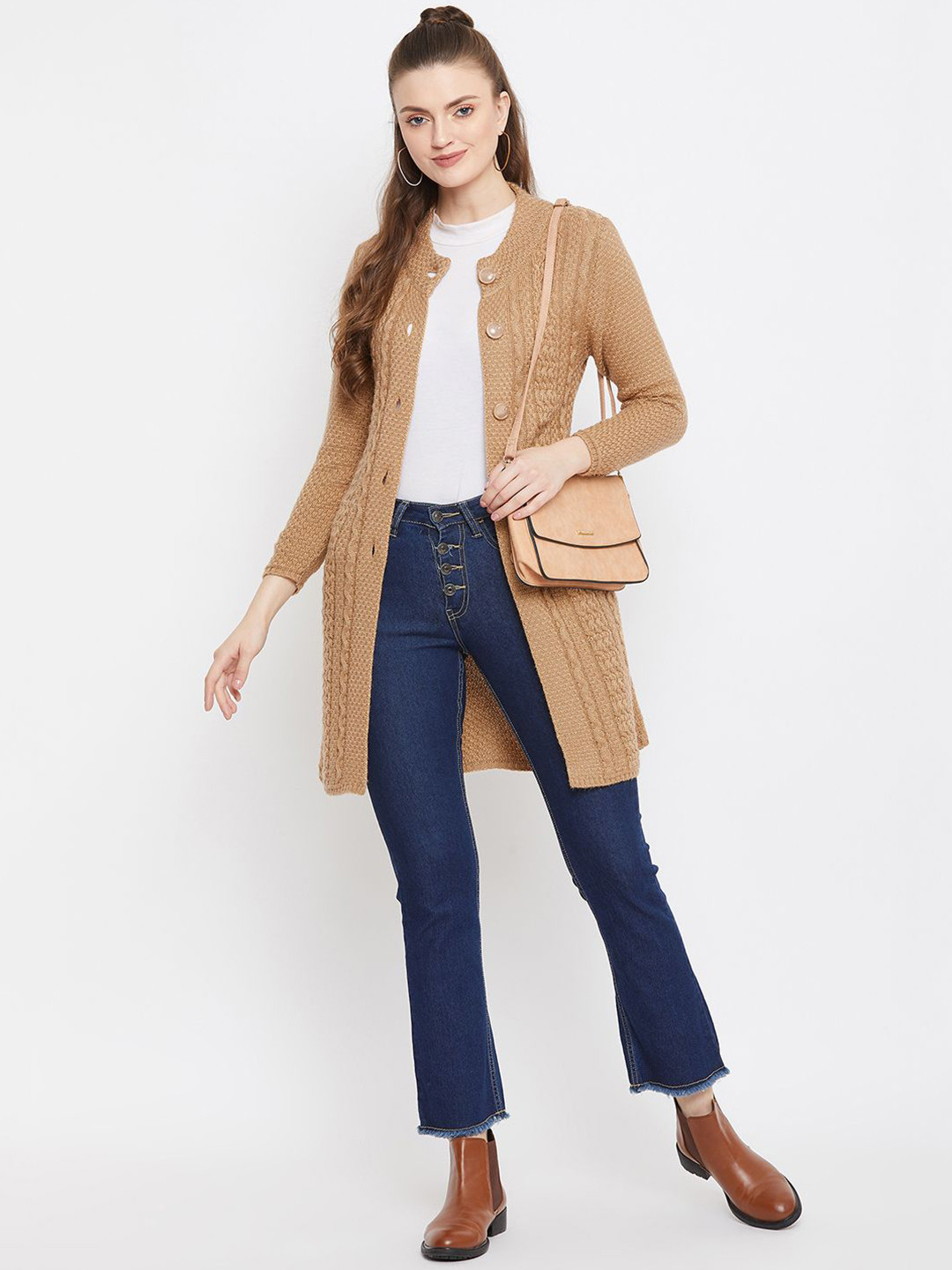 

Zigo Women Geometric Printed Woollen Longline Cardigan, Camel brown