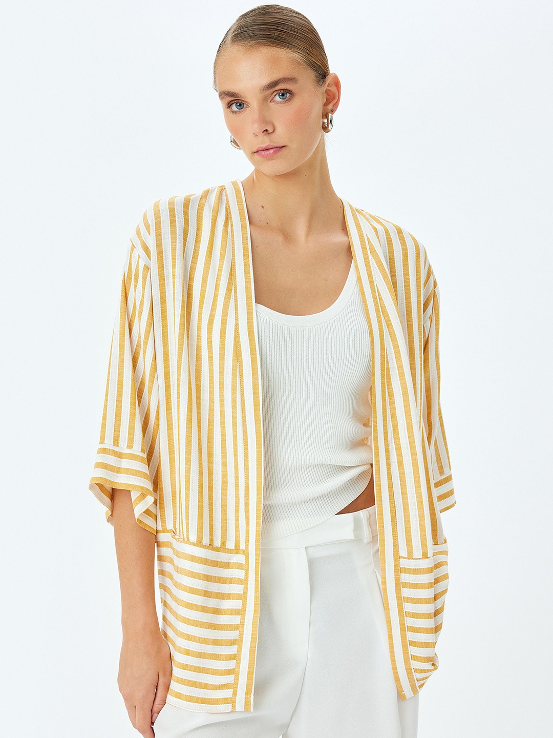 

Koton Women Striped Open Front Robe, Yellow