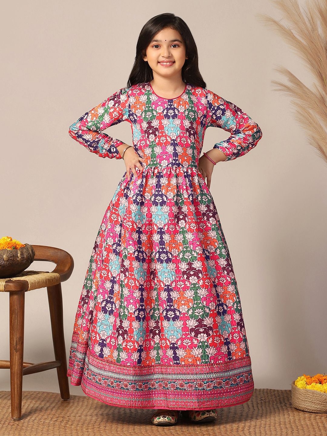 

BAESD Girls Ethnic Printed Fit & Flare Maxi Dress, Pink
