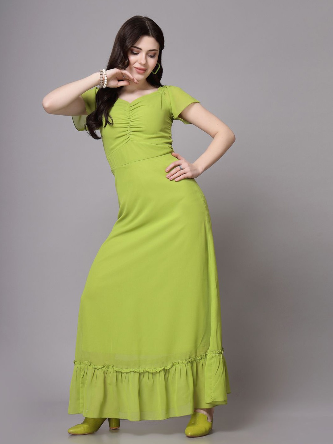 

BAESD Women V-Neck A-Line Short Sleeves Maxi Dress, Green