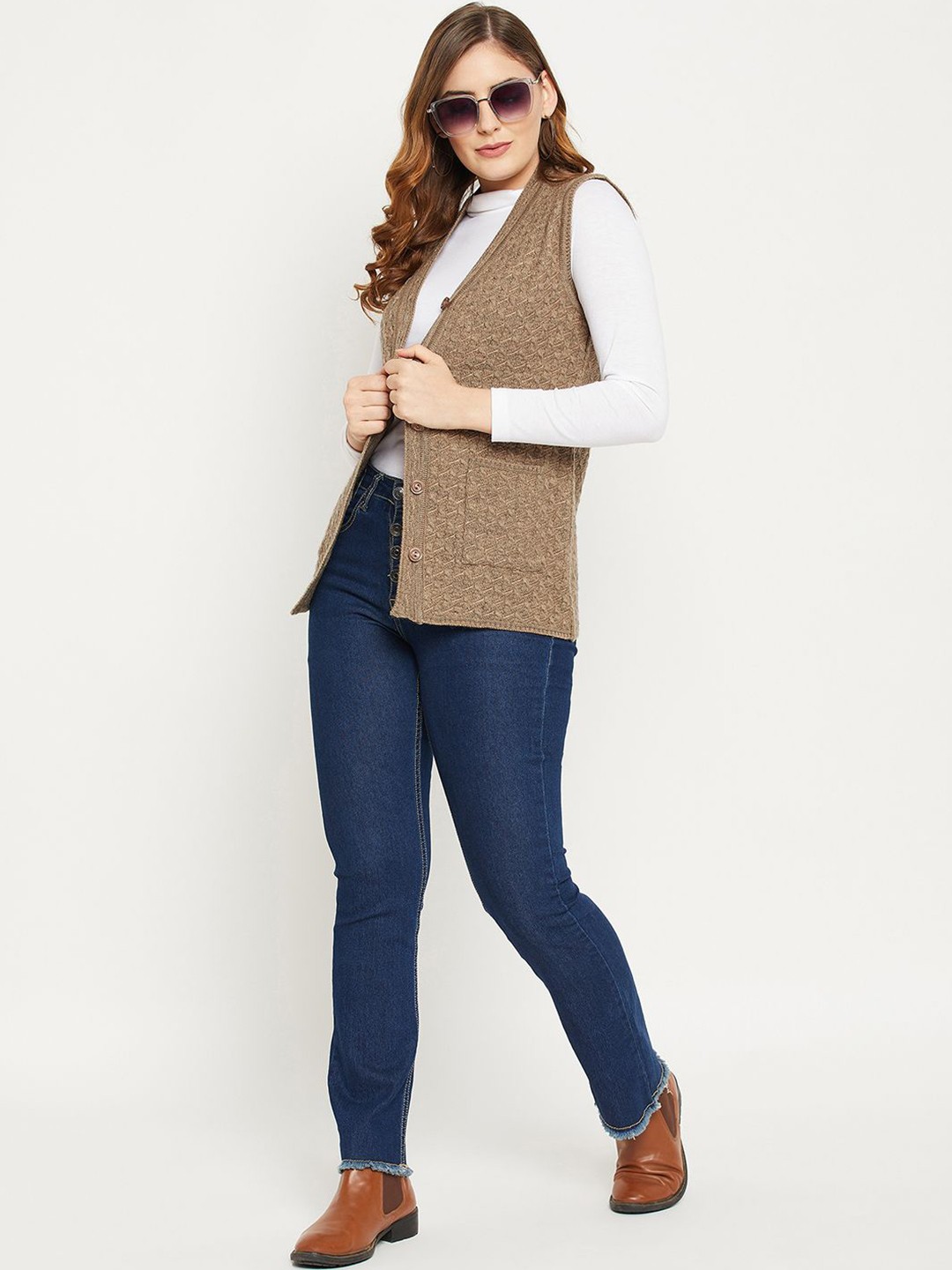

Zigo Women V-Neck Cable Knit Self Design Sleeveless Woollen Cardigan, Camel brown