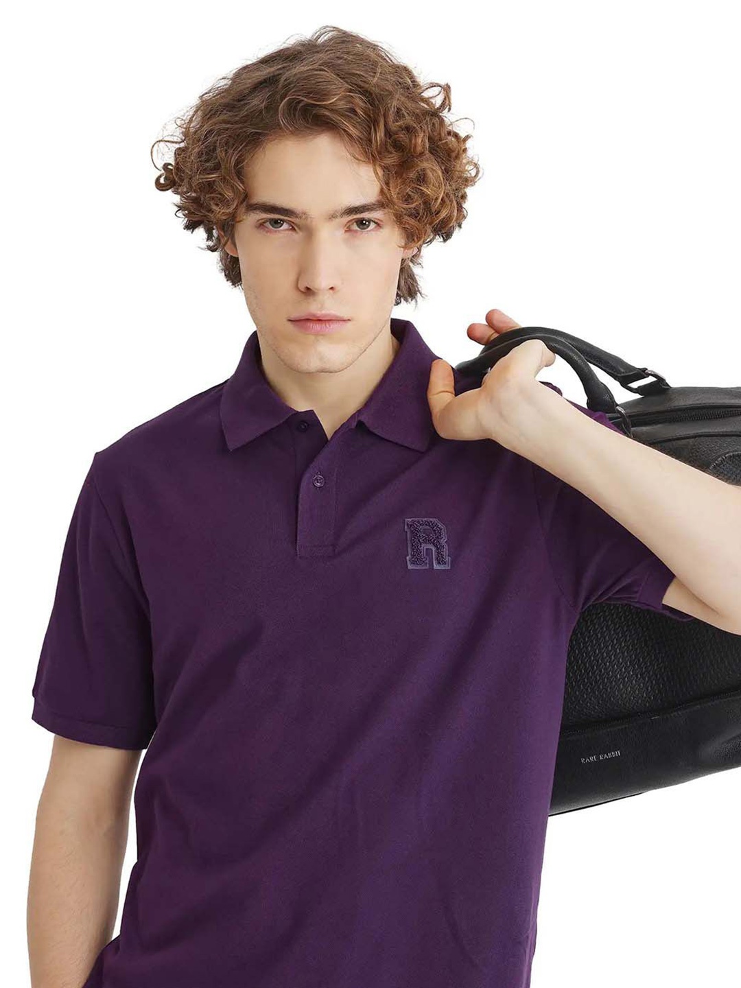 

RARE RABBIT Men Solid Polo Collar Cotton T-shirt, Purple