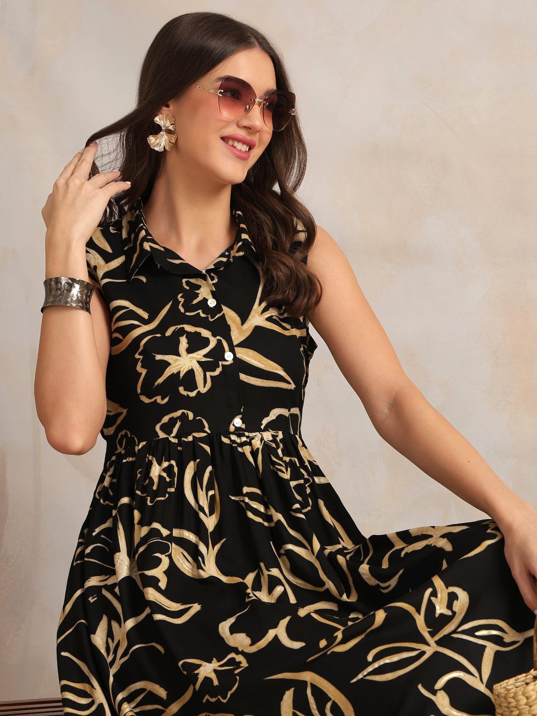 

Anouk Women Floral Printed Shirt Collar Fit & Flare Dress, Black