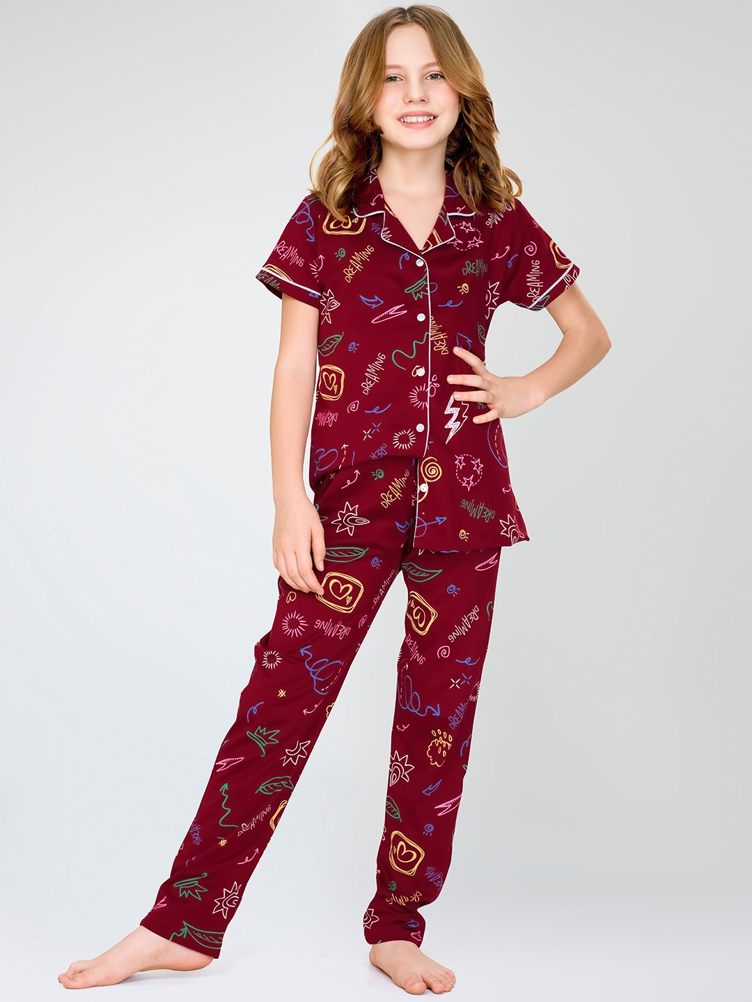 

Zeyo Girls Printed Pure Cotton Shirt & Pyjamas Night suit, Red