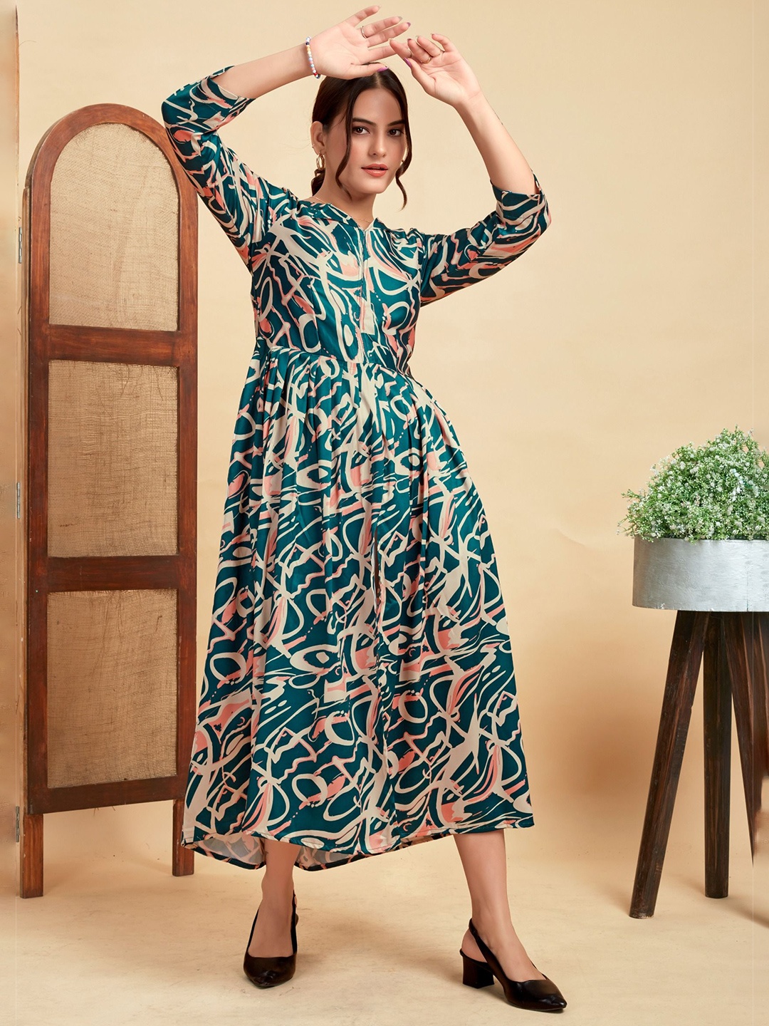 

Modiva Women Print Long Sleeves Fit & Flare Dress, Beige